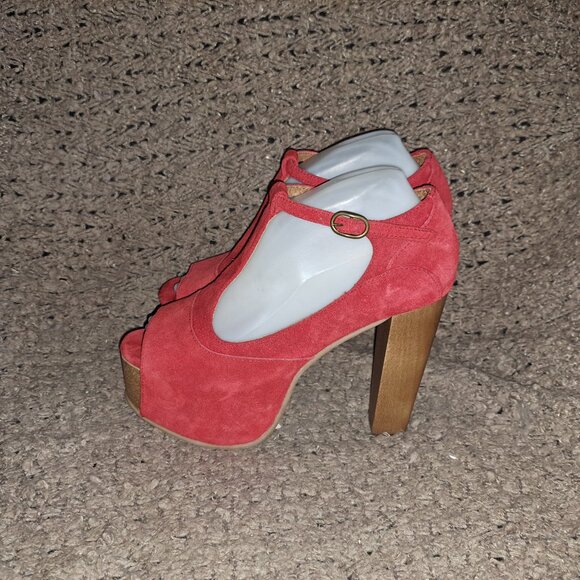 JEFFREY CAMPBELL-Foxy Wood Platform High Heel T-Strap-Red Suede-Sz39/9-Near Mint - Picture 2 of 8